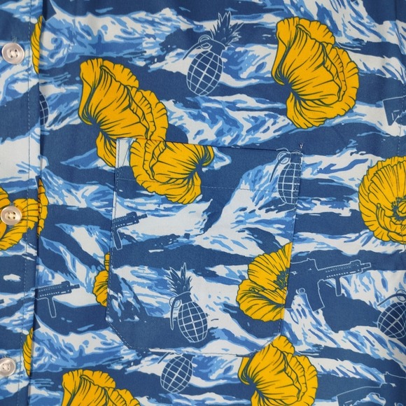 Savage Tacticians Floral Button Shirt Grenade Gun Blue Yellow Men's XL - Picture 5 of 8